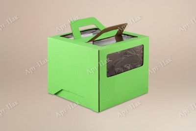 Коробка для торта, 260x260x200мм, микрогофрокартон, зелёная, с окном, с ручками