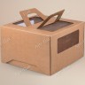 Коробка для торта, 240x240x200мм, микрогофрокартон, бурая, с окном, с ручками