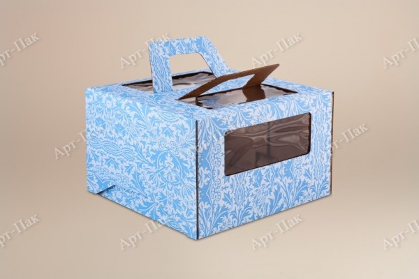 Коробка для торта, 300x300x190мм, микрогофрокартон, с синим орнаментом, с окном, с ручками