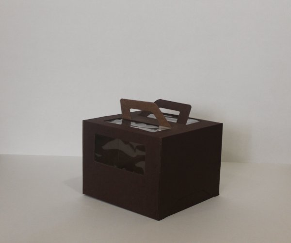 Коробка для торта, 240x240x200мм, микрогофрокартон, шоколадная, с окном, с ручками