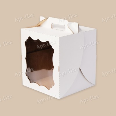 Коробка для торта, 240x240x280мм,микрогофрокартон, белая, с окном, с ручками