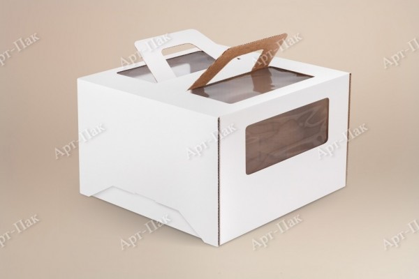 Коробка для торта, 280x280x200мм, микрогофрокартон, белая, с окном, с ручками