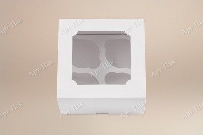 Коробка для капкейков, 160x160x100мм, на 4 капкейка, целлюлозный картон, белый с односторонним мелованным покрытием, окно сверху, премиум