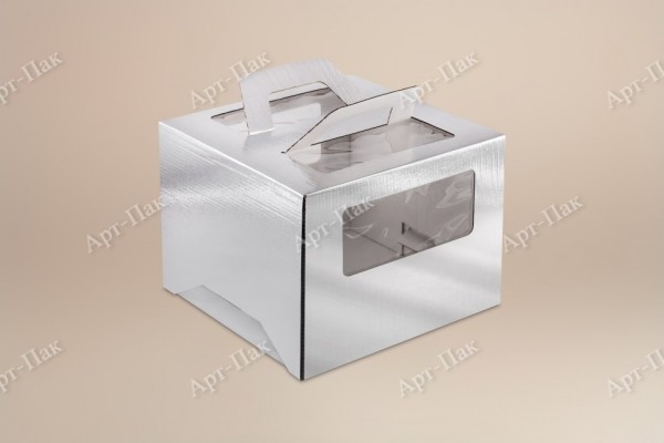 Коробка для торта, 240x240x200мм, микрогофрокартон, серебристая, с окном, с ручками