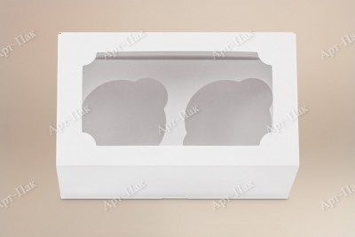 Коробка для капкейков, 160x100x100мм, на 2 капкейка, с окном, целлюлозный картон, белый с односторонним мелованным покрытием, премиум