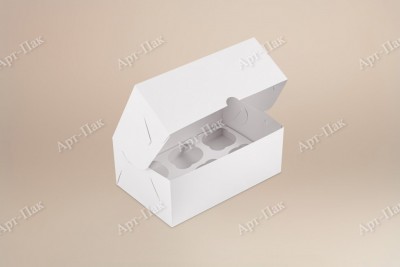 Коробка для капкейков, 250x170x100мм, на 6 капкейков, целлюлозный картон, белый с односторонним мелованным покрытием, окно сверху, премиум