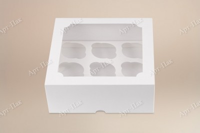 Коробка для капкейков, 250x250x100мм, на 9 капкейков, с окном, целлюлозный картон, белый с односторонним мелованным покрытием, премиум
