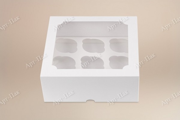 Коробка для капкейков, 250x250x100мм, на 9 капкейков, целлюлозный картон, белый с односторонним мелованным покрытием, окно сверху, премиум