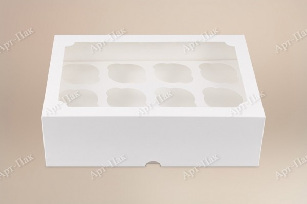 Коробка для капкейков, 350x250x100мм, на 12 капкейков, с окном, целлюлозный картон, белый с односторонним мелованным покрытием, премиум