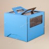 Коробка для торта, 260x260x200мм, микрогофрокартон, синяя, с окном, с ручками