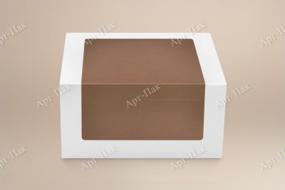 Коробка для торта, 180x180x100мм, картон, белая/крафт, с окном