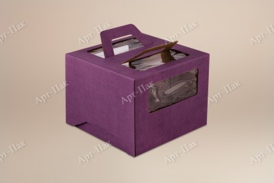 Коробка для торта, 260x260x200мм, микрогофрокартон, фиолетовая, с окном, с ручками