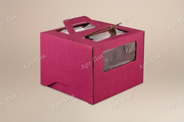Коробка для торта, 280x280x200мм, микрогофрокартон, бордовая, с окном, с ручками