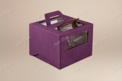 Коробка для торта, 240x240x200мм, микрогофрокартон, фиолетовая, с окном, с ручками