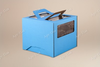 Коробка для торта, 280x280x200мм, микрогофрокартон, синяя, с окном, с ручками