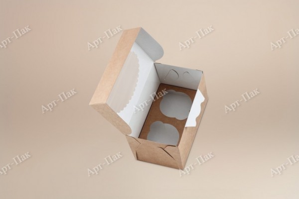 Коробка для капкейков, 170x100x100мм, на 2 капкейка, крафт-картон, цвета крафт, окно сверху