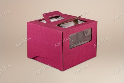 Коробка для торта, 300x300x190мм, микрогофрокартон, бордовая, с окном, с ручками
