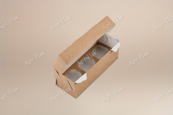 Коробка для капкейков, 250x100x100мм, на 3 капкейка, с окном, картон, крафт