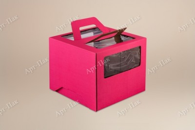 Коробка для торта, 300x300x190мм, микрогофрокартон, розовая, с окном, с ручками