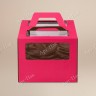 Коробка для торта, 300x300x190мм, микрогофрокартон, розовая, с окном, с ручками