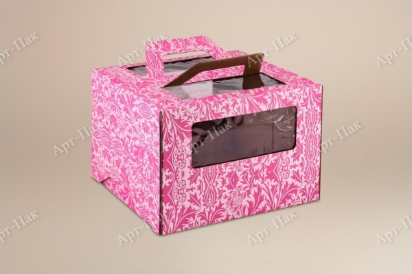 Коробка для торта, 240x240x200мм, микрогофрокартон, с розовым орнаментом, с окном, с ручками