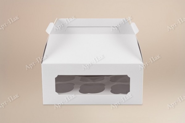 Коробка для капкейков, 250x170x110мм, на 6 капкейков, с окном, с ручками, целлюлозный картон, белый с односторонним мелованным покрытием