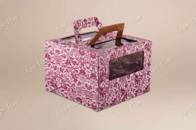 Коробка для торта, 240x240x200мм, микрогофрокартон, с бордовым орнаментом, с окном, с ручками