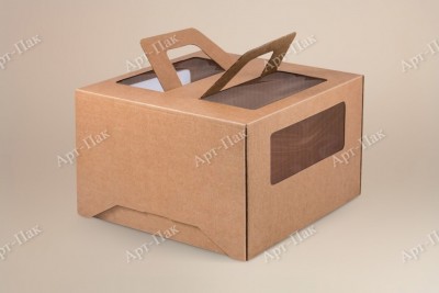 Коробка для торта, 300x300x190мм, микрогофрокартон, бурая, с окном, с ручками