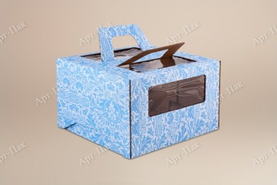 Коробка для торта, 240x240x200мм, микрогофрокартон, с синим орнаментом, с окном, с ручками