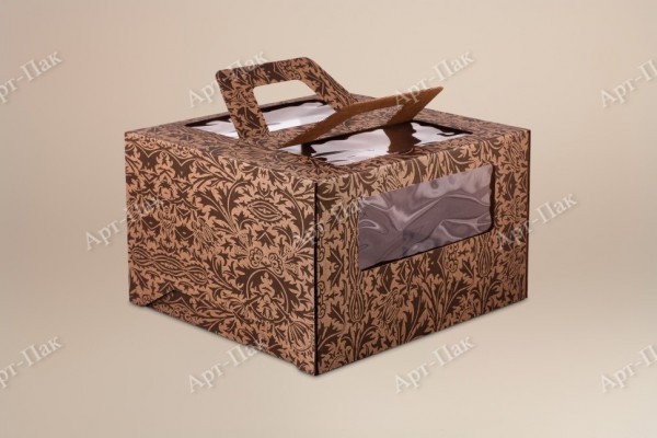 Коробка для торта, 240x240x200мм, микрогофрокартон, с шоколадным орнаментом на буром фоне, с окном, с ручками