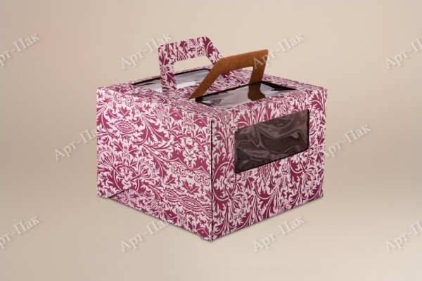 Коробка для торта, 260x260x200мм, микрогофрокартон, с бордовым орнаментом, с окном, с ручками