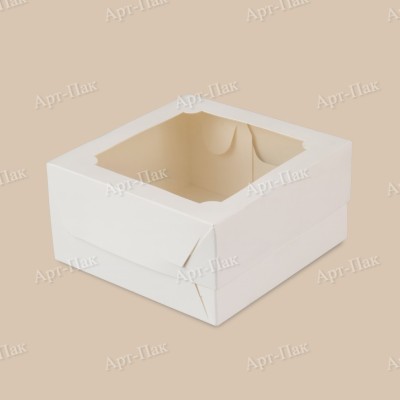 Коробка для бенто торта, 140x140x80мм, мелованный картон, белая, с окном