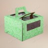 Коробка для торта, 260x260x200мм, микрогофрокартон, с зеленым орнаментом, с окном, с ручками