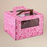 Коробка для торта, 260x260x200мм, микрогофрокартон, с розовым орнаментом, с окном, с ручками