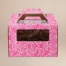 Коробка для торта, 260x260x200мм, микрогофрокартон, с розовым орнаментом, с окном, с ручками