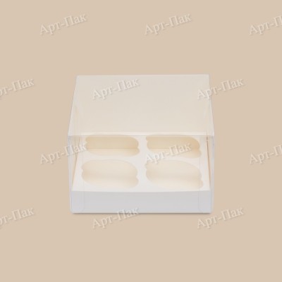 Коробка для капкейков, 160x160x100мм, на 4 капкейка, целлюлозный картон, белый с односторонним мелованным покрытием, с прозрачной крышкой