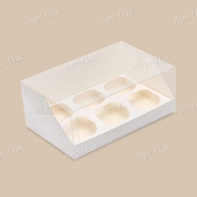 Коробка для капкейков, 250x170x100мм, на 6 капкейков, целлюлозный картон, белый с односторонним мелованным покрытием, с прозрачной крышкой