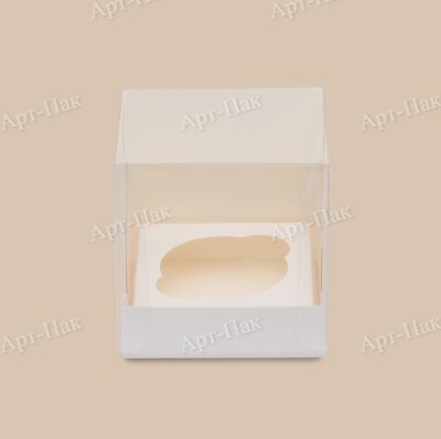 Коробка для капкейка, 100x100x100мм, на 1 капкейк, целлюлозный картон, белый с односторонним мелованным покрытием, с прозрачной крышкой
