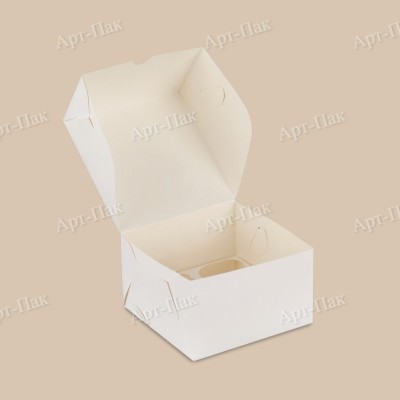 Коробка для капкейков, 160x160x100мм, на 4 капкейка, целлюлозный картон, белый с односторонним мелованным покрытием, без окна, эконом