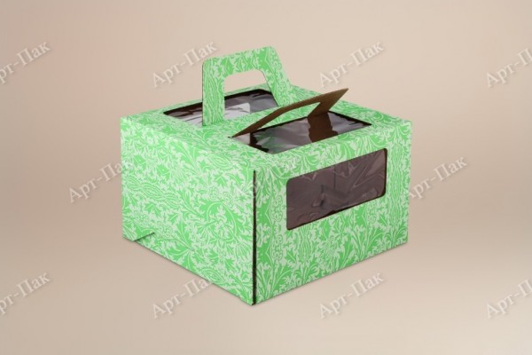 Коробка для торта, 280x280x200мм, микрогофрокартон, с зеленым орнаментом, с окном, с ручками