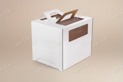 Коробка для торта, 220x220x240мм, микрогофрокартон, белая, с окном, с ручками