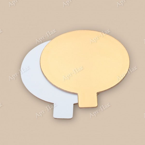 Подложка для торта, диаметр 100мм, толщина 0.8мм, золотая/белая, круглая, с ручкой