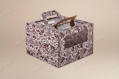 Коробка для торта, 300x300x190мм, микрогофрокартон, с шоколадным орнаментом на белом фоне, с окном, с ручками