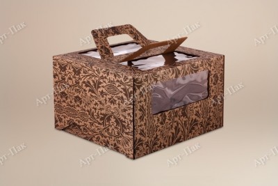 Коробка для торта, 300x300x190мм, микрогофрокартон, с шоколадным орнаментом на буром фоне, с окном, с ручками