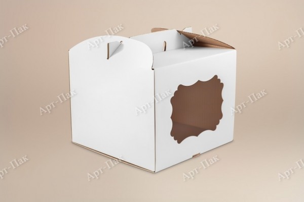 Коробка для торта, 300x300x300мм, гофрокартон, белая, с окном, с ручками