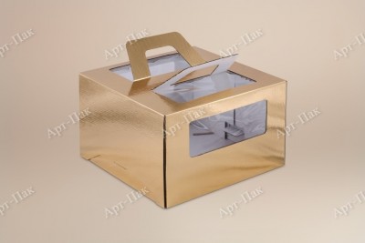 Коробка для торта, 240x240x200мм, микрогофрокартон, золотая, с окном, с ручками