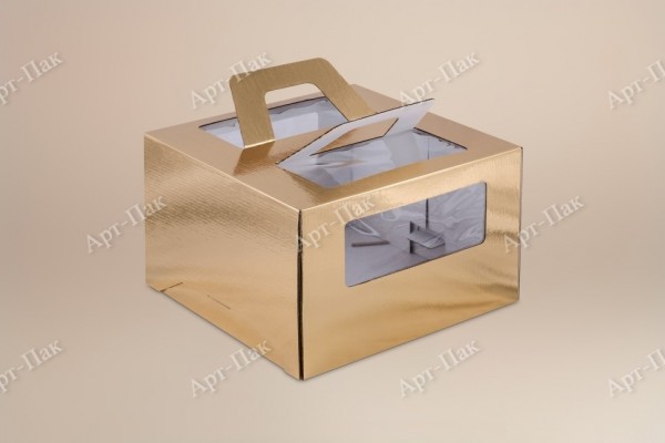 Коробка для торта, 260x260x200мм, микрогофрокартон, золотая, с окном, с ручками