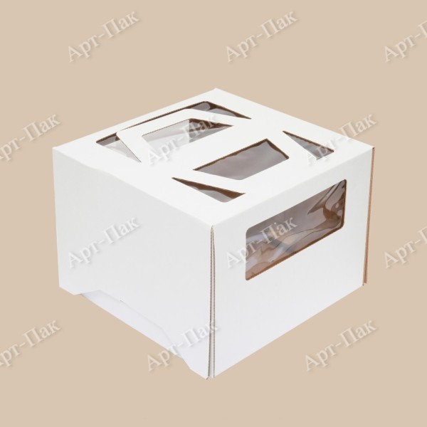 Коробка для торта, 300x300x220мм, микрогофрокартон, белая, с окном, с ручками