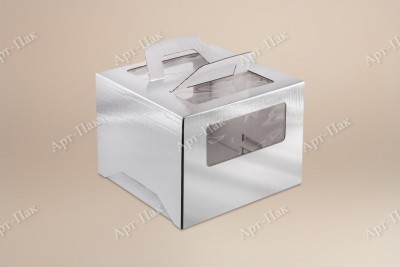 Коробка для торта, 260x260x200мм, микрогофрокартон, серебристая, с окном, с ручками