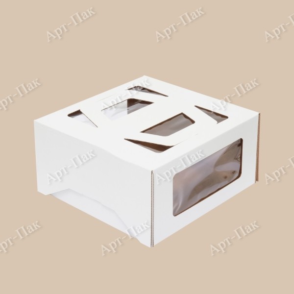 Коробка для торта, 240x240x130мм, микрогофрокартон, белая, с окном, с ручками